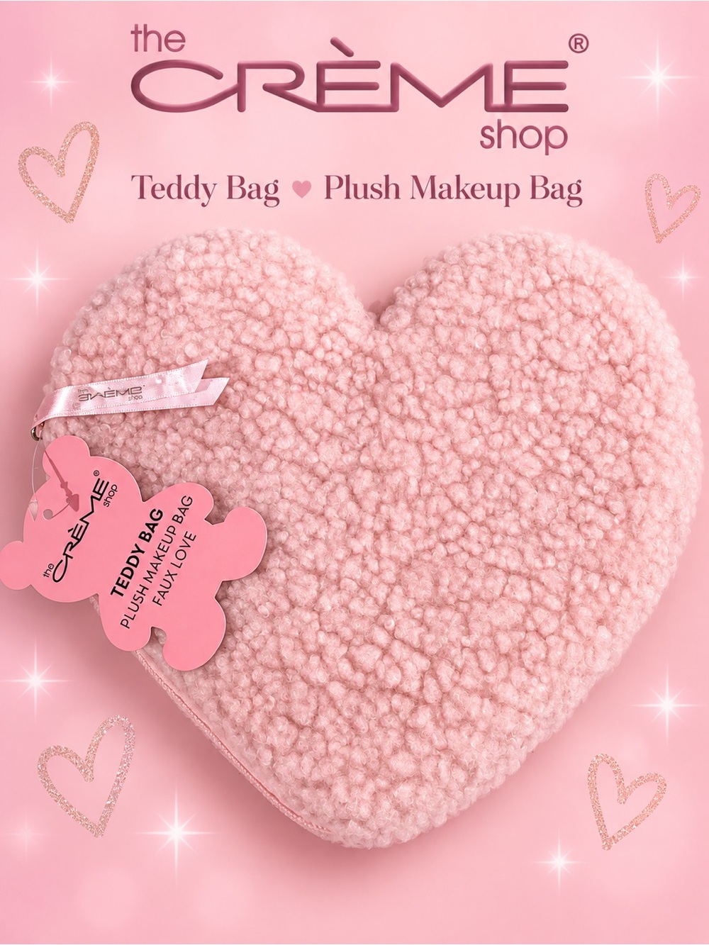 The Crème Shop Teddy Bag Plush Heart Makeup Bag Pink Faux Love NWT